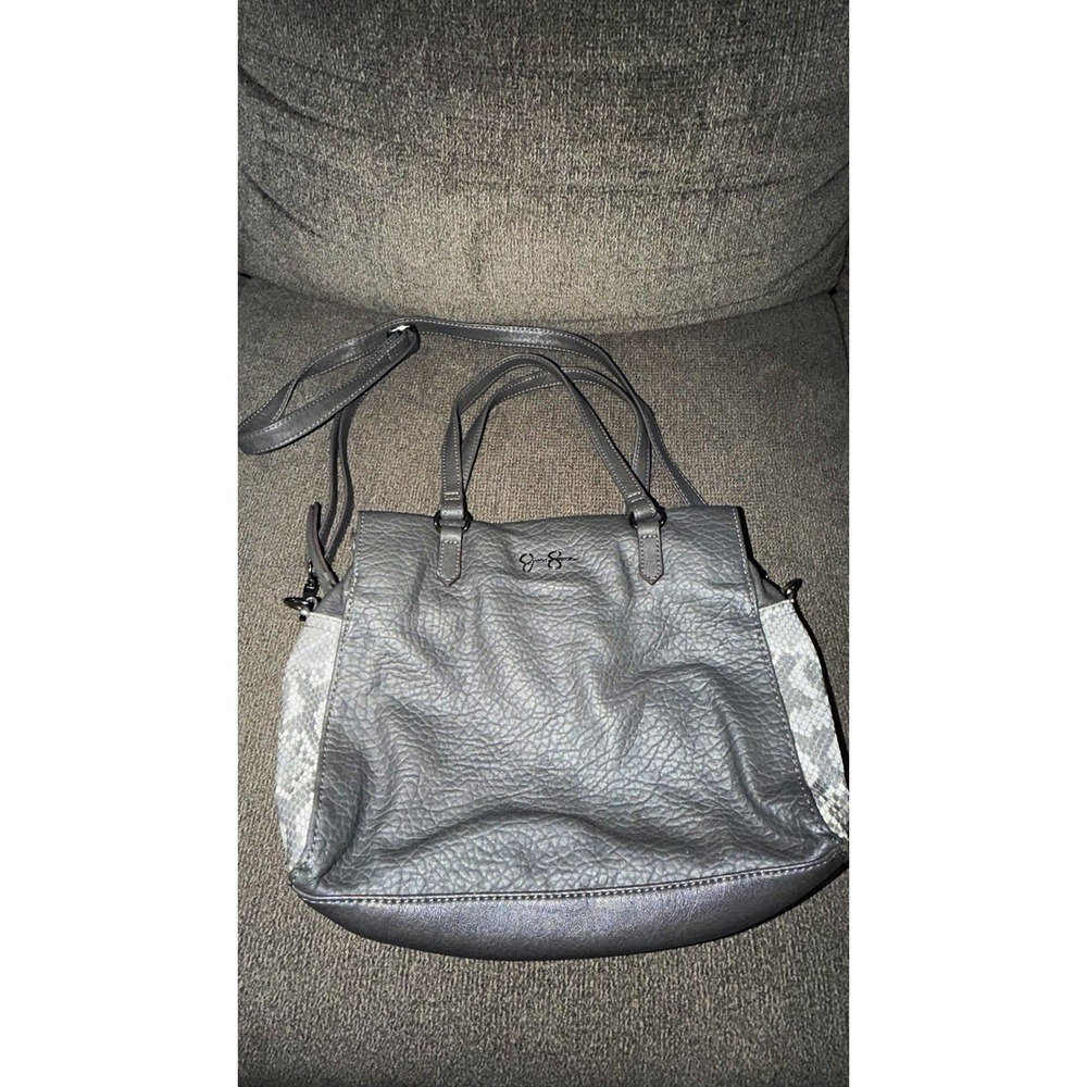 Gray Pebbled Faux Leather Satchel Top Handle Zip Lined Detachable Strap Large
